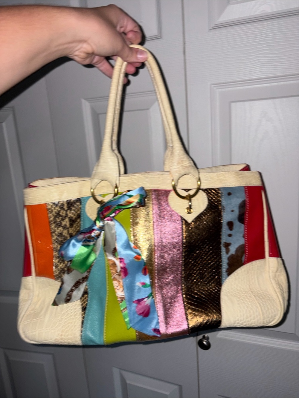Beverly Feldman Multicolor Stripe Leather Tote with Cream Trim